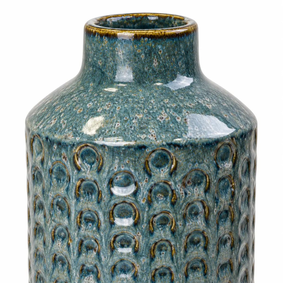 Small blue ceramic vase close-up of the glazed neck and textured ceramic body.