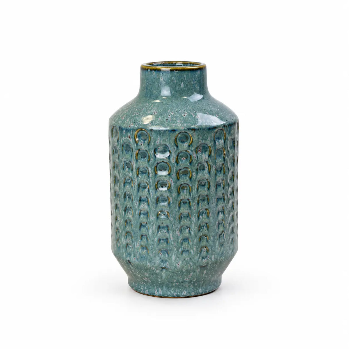 Small blue ceramic vase full product on a white studio background.