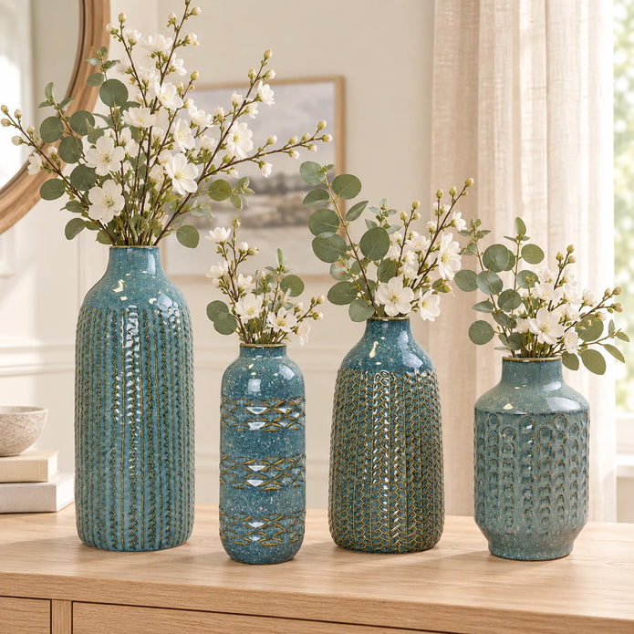Four blue ceramic vase designs shown together for size comparison: 38cm, 26cm, 29cm and 25cm, styled with white flowers and eucalyptus; sold separately.