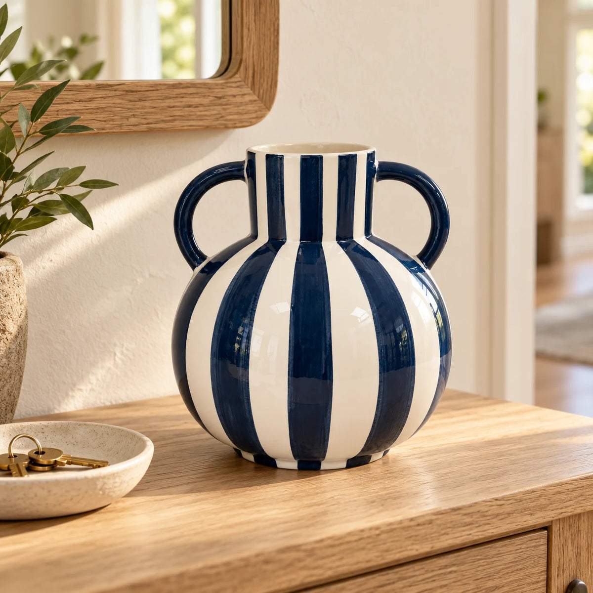 Blue and white striped twin-handled globe vase on an oak hallway console beside a key dish