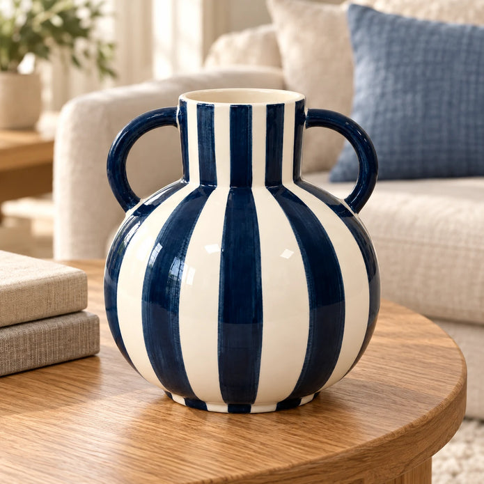Blue and white striped twin-handled vase on an oak coffee table beside neutral books