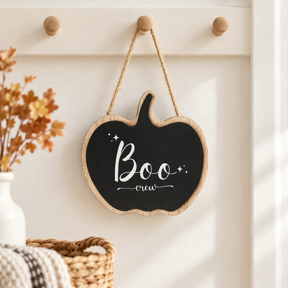 Autumn Boo Crew wooden hanging pumpkin sign by Gainsborough Giftware, featuring Halloween-themed decor for fall hallway decoration.