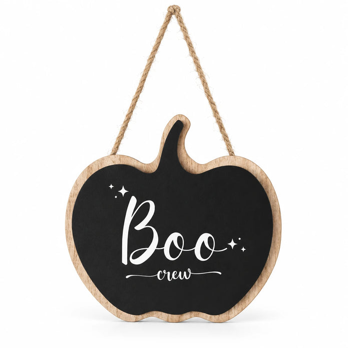 White wooden Boo Crew pumpkin sign for autumn decor by Gainsborough Giftware, featuring carved Boo Crew lettering.