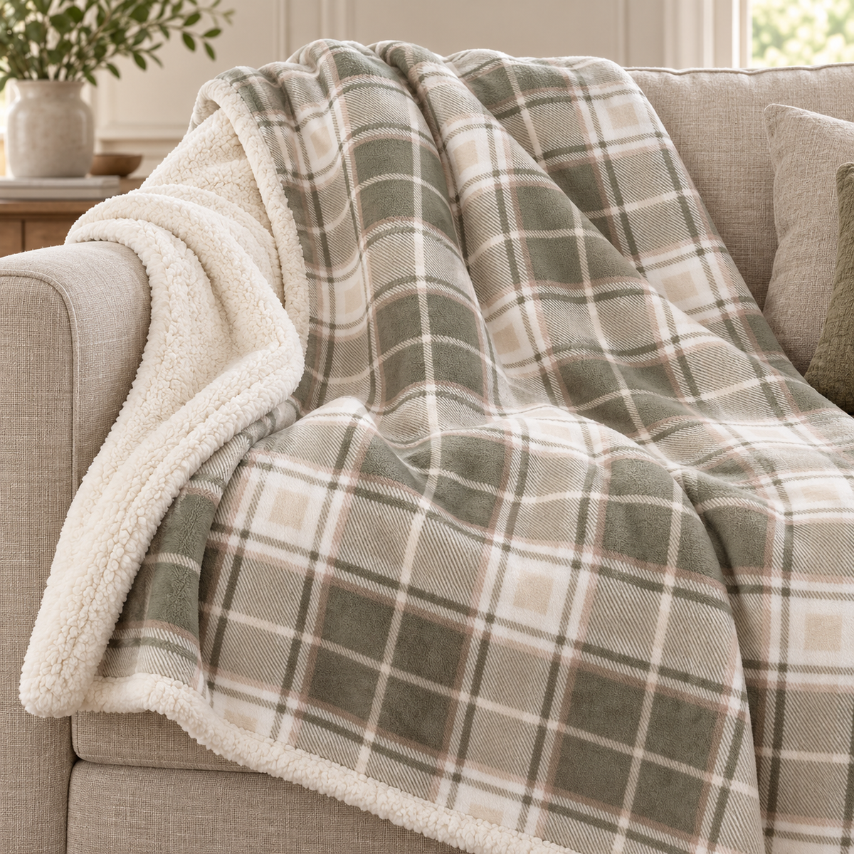 Riva Home Braemar check sherpa fleece throw in green and natural, close-up detail of soft textured fabric