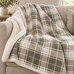 Riva Home Braemar check sherpa fleece throw in green and natural, close-up detail of soft textured fabric