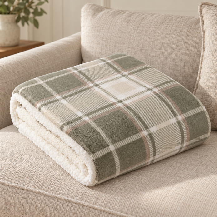 Riva Home Braemar check Sherpa fleece throw in green and natural, folded neatly