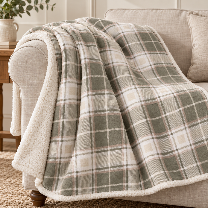 Riva Home Braemar check sherpa fleece throw in green and natural draped over a sofa arm