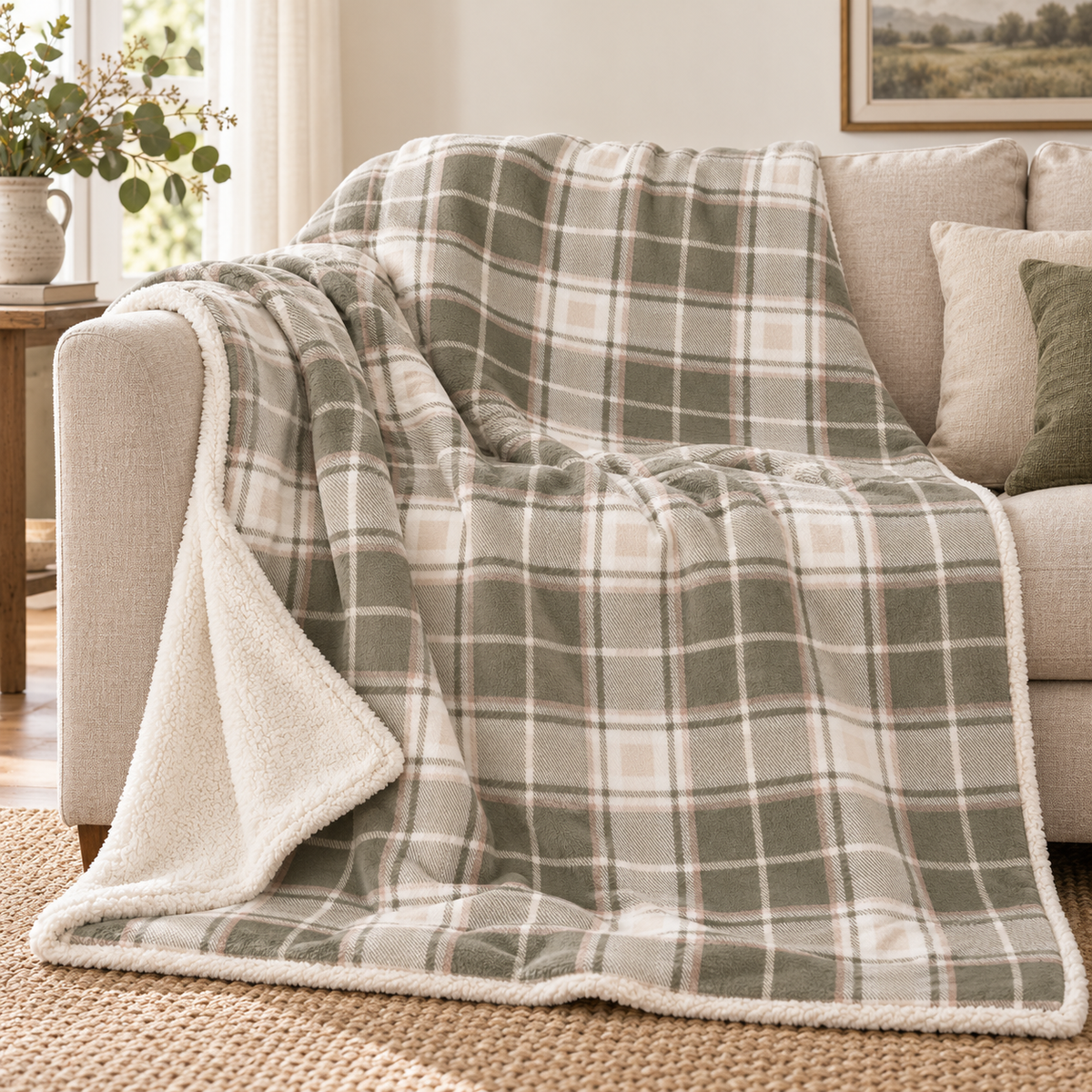 Riva Home Braemar check sherpa fleece throw in green and natural draped over a sofa
