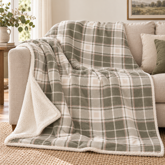 Riva Home Braemar check sherpa fleece throw in green and natural draped over a sofa