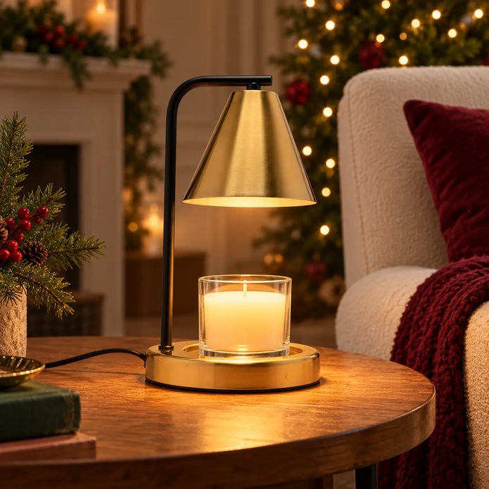 Brass-effect candle warmer lamp on an oak side table in a cosy festive living room