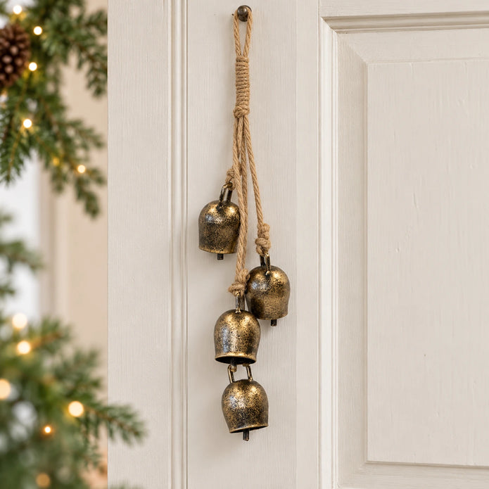Small cowbell hanging garland on a cream interior door with Christmas greenery