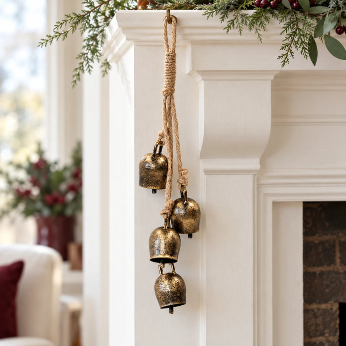 Four-bell hanging garland styled at the end of a Christmas mantel
