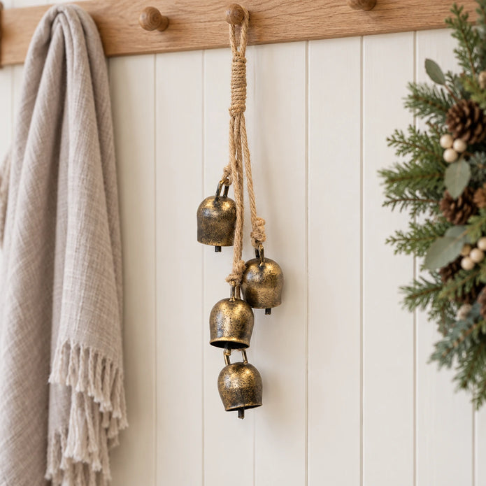 Brass-toned cowbell garland hanging from an oak peg rail in a Christmas hallway
