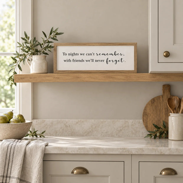 To Nights framed sign styled on an oak shelf in a classic modern country kitchen