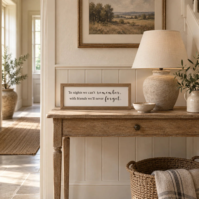 To Nights framed sign styled on an oak console in a classic modern country hallway