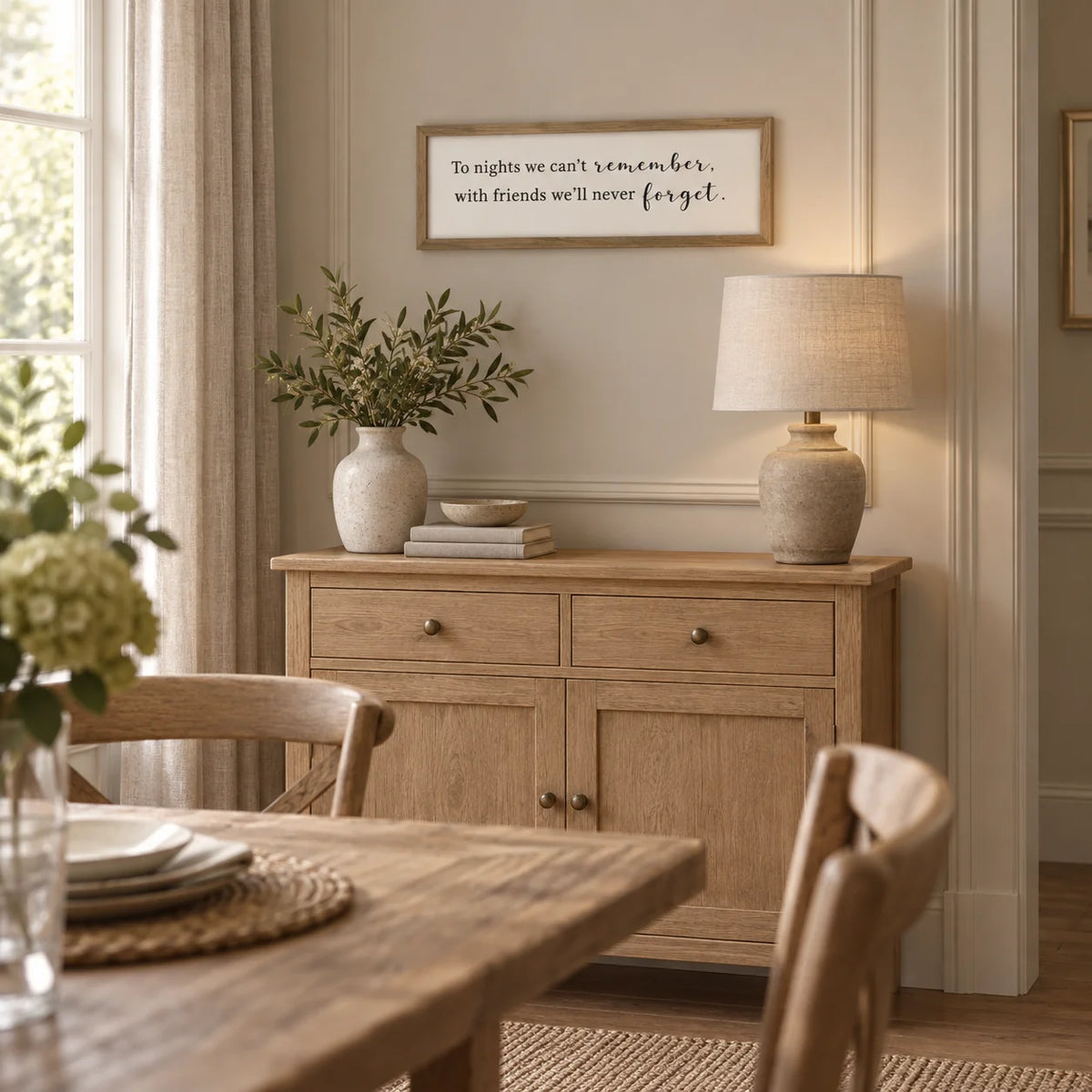 To Nights framed sign styled above an oak sideboard in a classic modern country dining room