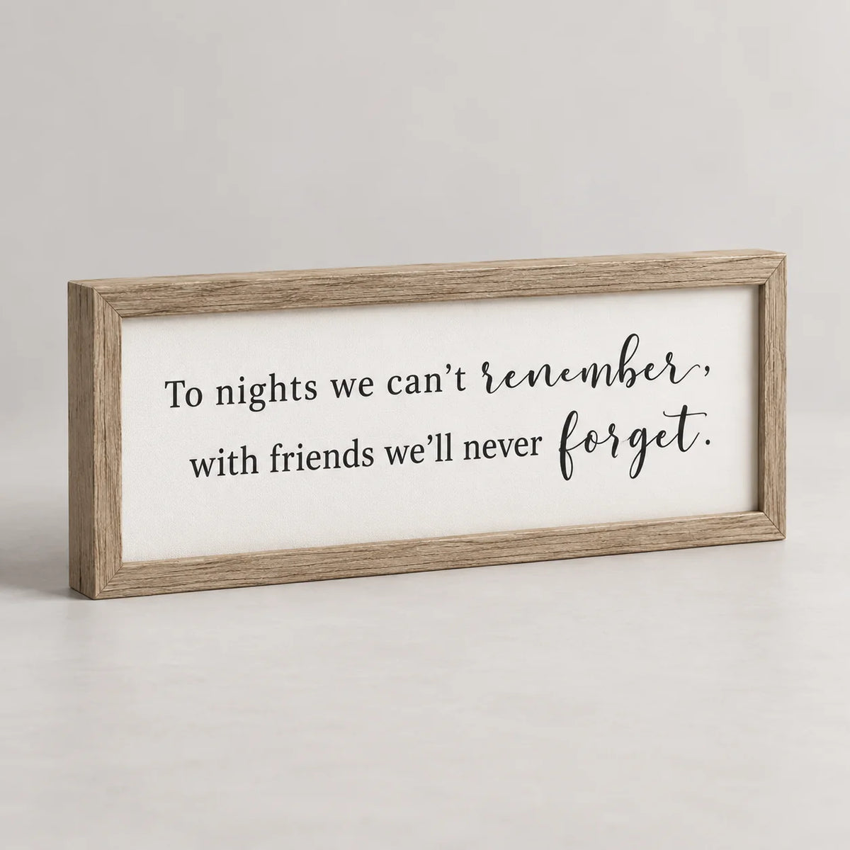 Brayden and Brooks To Nights oak framed sign, angled studio view showing frame depth