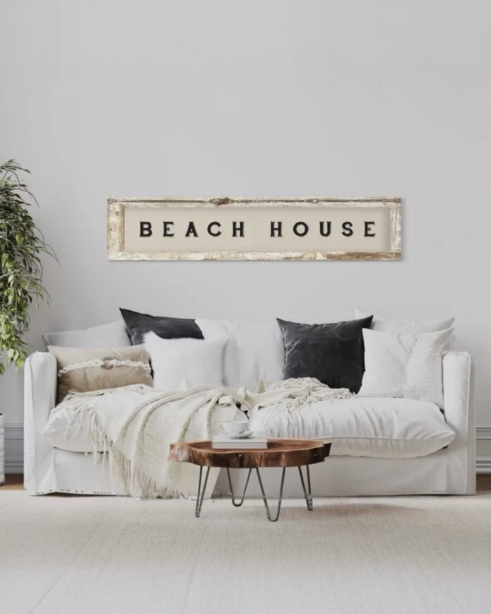 Large antique wood Dutch shutter framed canvas wall art by Brayden and Brooks, featuring a beach house scene for coastal decor.