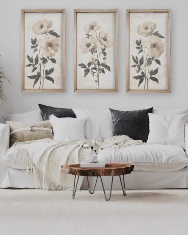 Neutral botanical wood framed wall art print by Brayden and Brooks, featuring natural plant designs for home decor.