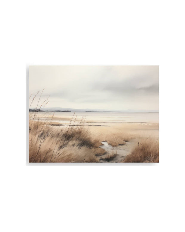 Small wood-framed waterscape wall art print by Brayden and Brooks, featuring a serene water scene in natural tones.