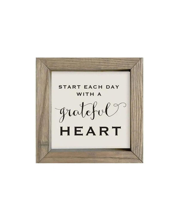 Wooden rustic small framed wall art sign by Brayden and Brooks with the quote "Start Each Day With A Grateful Heart."