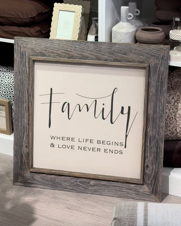 Rustic oak wooden wall art sign by Brayden and Brooks with "Family Where Life Begins" inscription, framed and extra large.