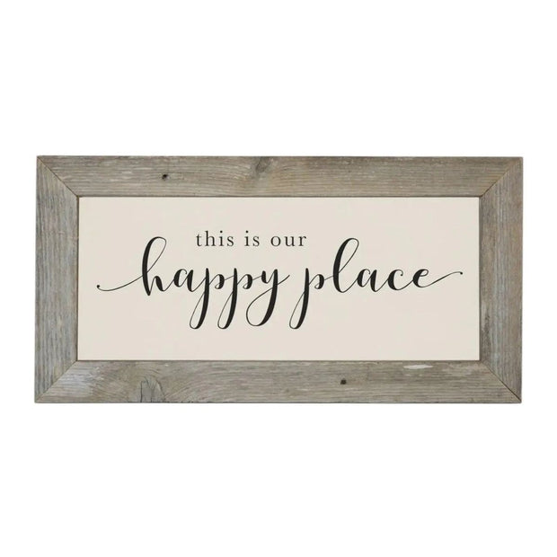 Rustic wooden wall art by Brayden and Brooks featuring a large framed sign with "This is Our Happy Place" in natural oak finish.