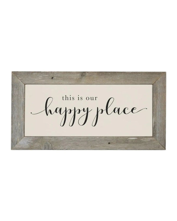 Rustic wooden wall art by Brayden and Brooks featuring a large framed sign with "This is Our Happy Place" in natural oak finish.