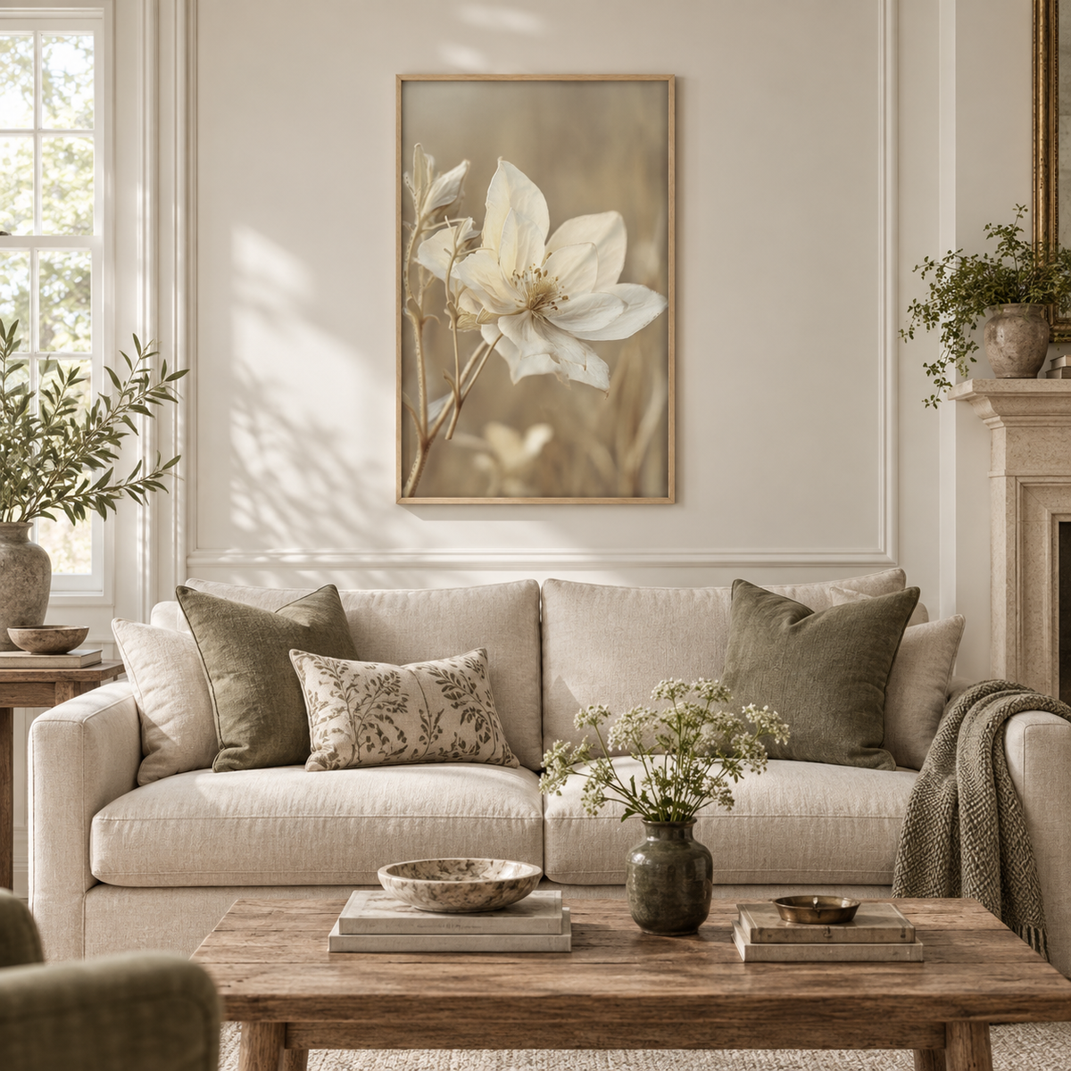 Brayden and Brooks Anemone framed botanical wall art, 46 x 89 cm styled in a classic modern country interior, view 1.