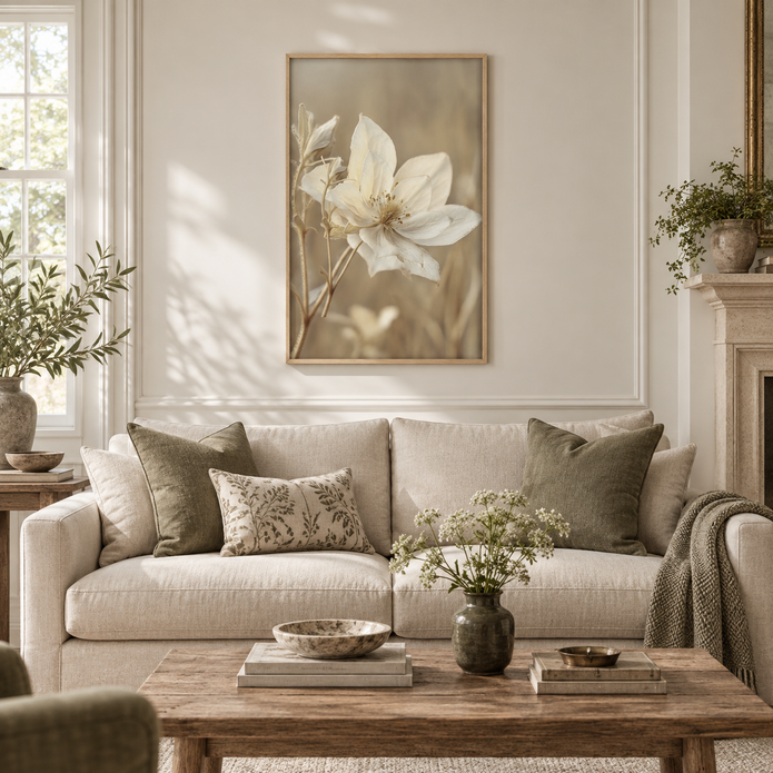 Brayden and Brooks Anemone framed botanical wall art, 46 x 89 cm styled in a classic modern country interior, view 1.