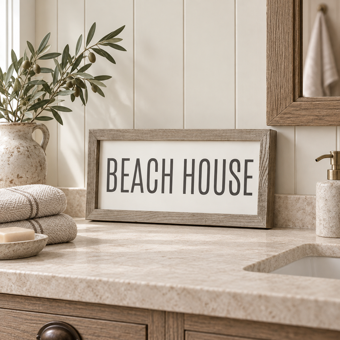 Brayden and Brooks Beach House medium rustic oak sign, approximately 41 x 18 cm styled at true scale in a classic modern country interior, view 1.