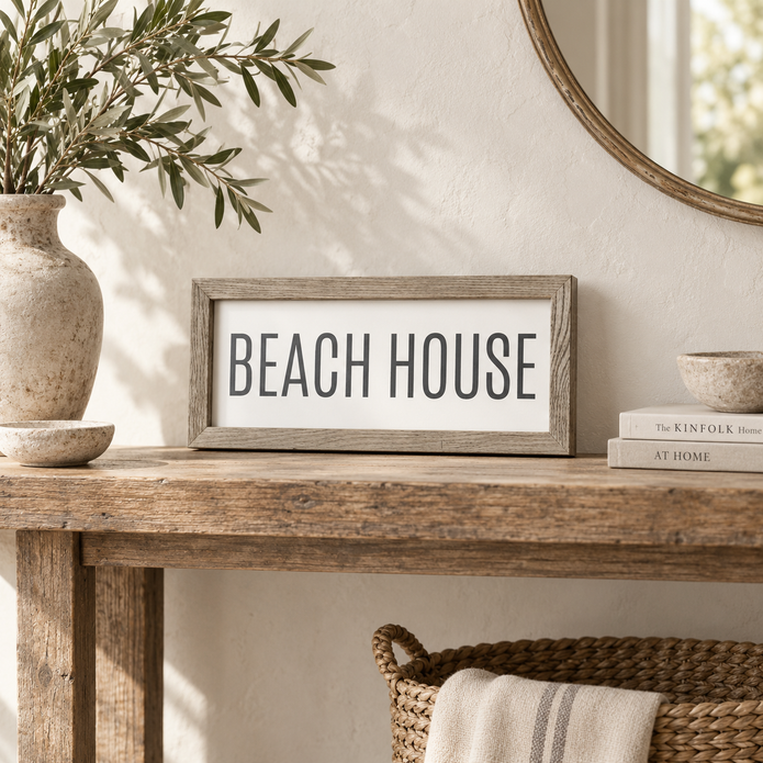 Brayden and Brooks Beach House medium rustic oak sign, approximately 41 x 18 cm styled at true scale in a classic modern country interior, view 2.