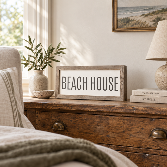 Brayden and Brooks Beach House medium rustic oak sign, approximately 41 x 18 cm styled at true scale in a classic modern country interior, view 3.