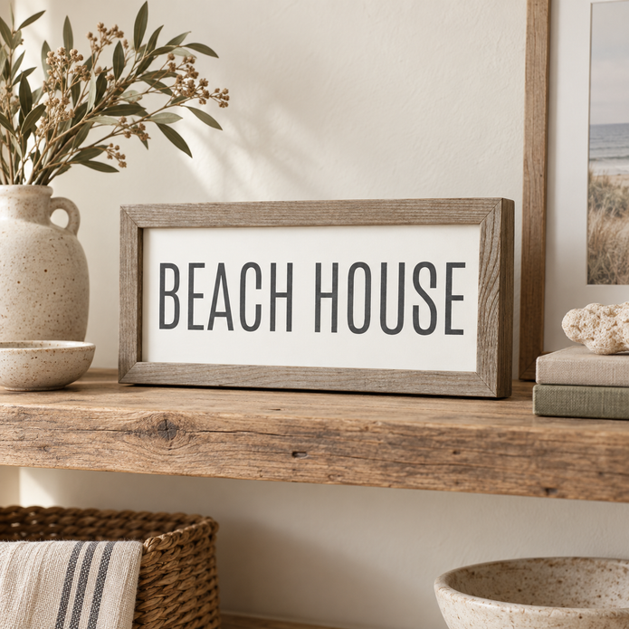 Brayden and Brooks Beach House medium rustic oak sign, approximately 41 x 18 cm styled at true scale in a classic modern country interior, view 4.