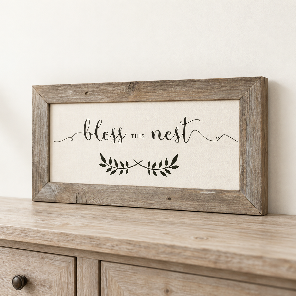 Brayden and Brooks Bless This Nest large rustic sign, 61 x 30 cm, angled studio view on white.