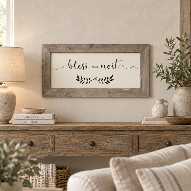 Brayden and Brooks Bless This Nest large rustic sign, 61 x 30 cm styled at true scale in a classic modern country interior, view 1.