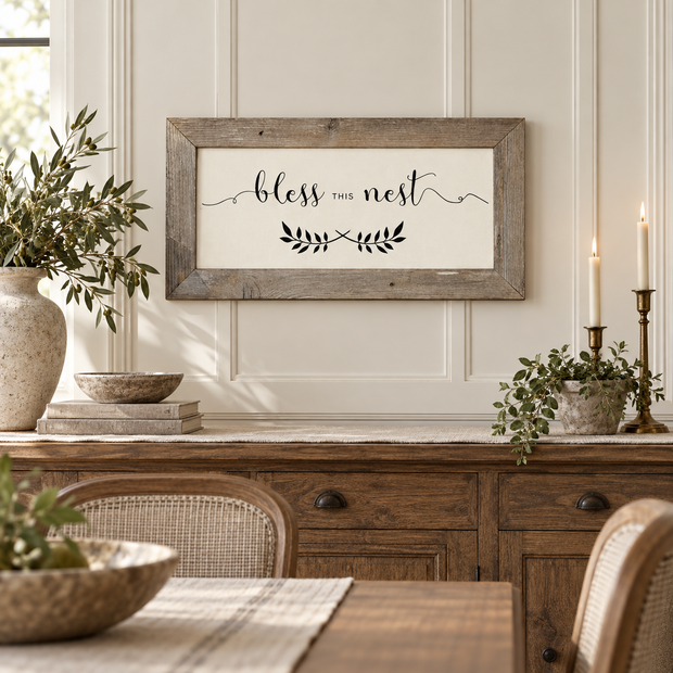 Brayden and Brooks Bless This Nest large rustic sign, 61 x 30 cm styled at true scale in a classic modern country interior, view 2.