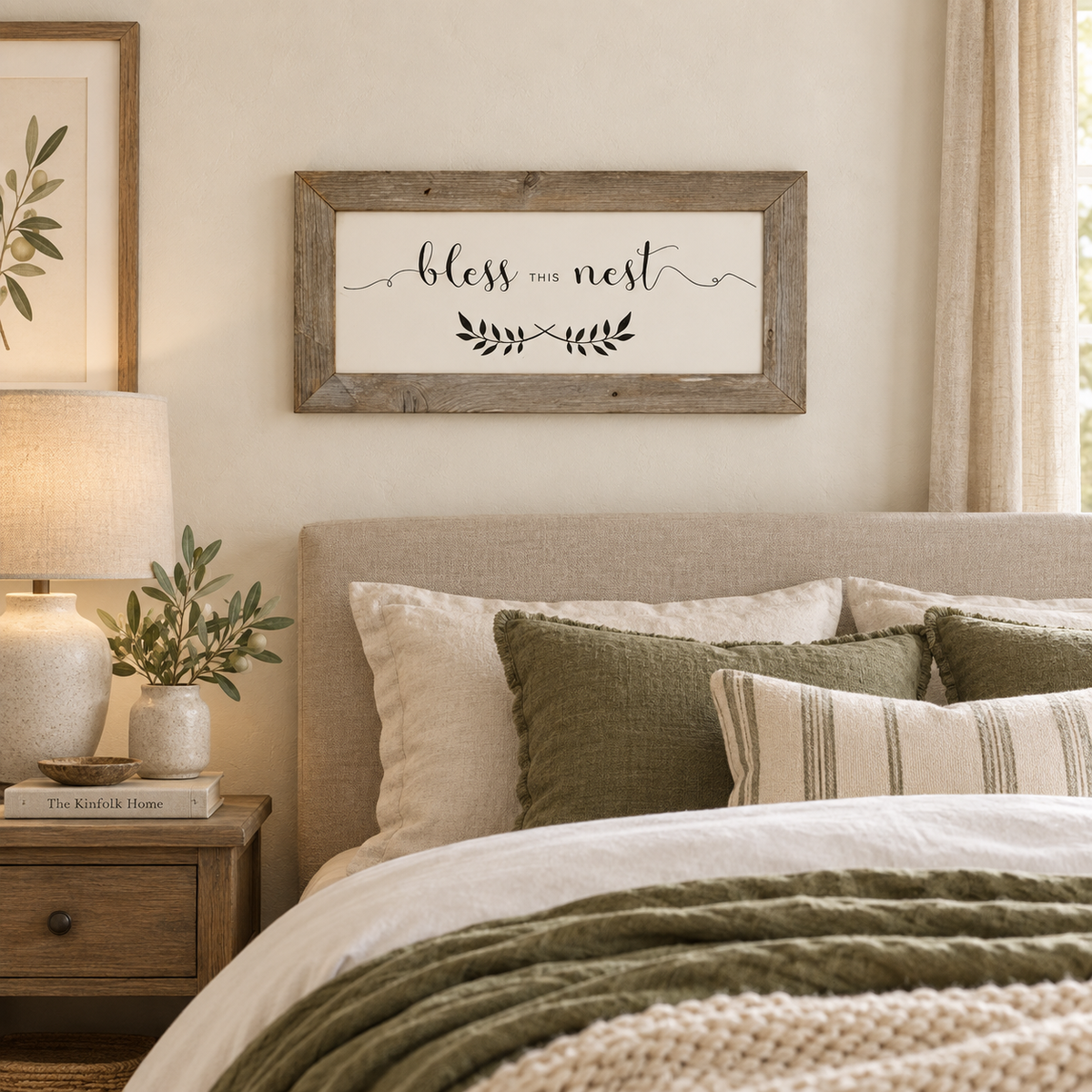 Brayden and Brooks Bless This Nest large rustic sign, 61 x 30 cm styled at true scale in a classic modern country interior, view 3.