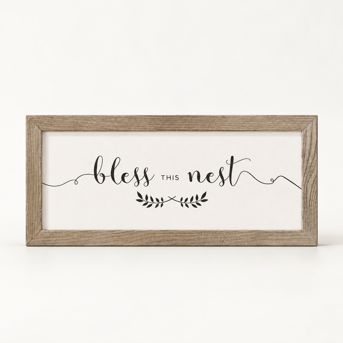 Brayden and Brooks Bless This Nest medium rustic oak sign, approximately 41 x 18 cm, straight-on studio view on white.