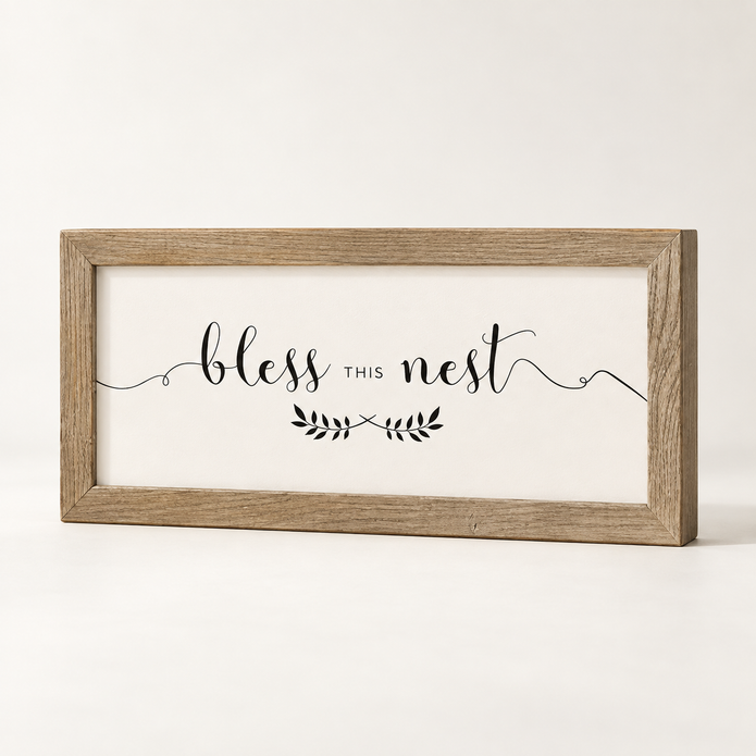 Brayden and Brooks Bless This Nest medium rustic oak sign, approximately 41 x 18 cm, angled studio view on white.