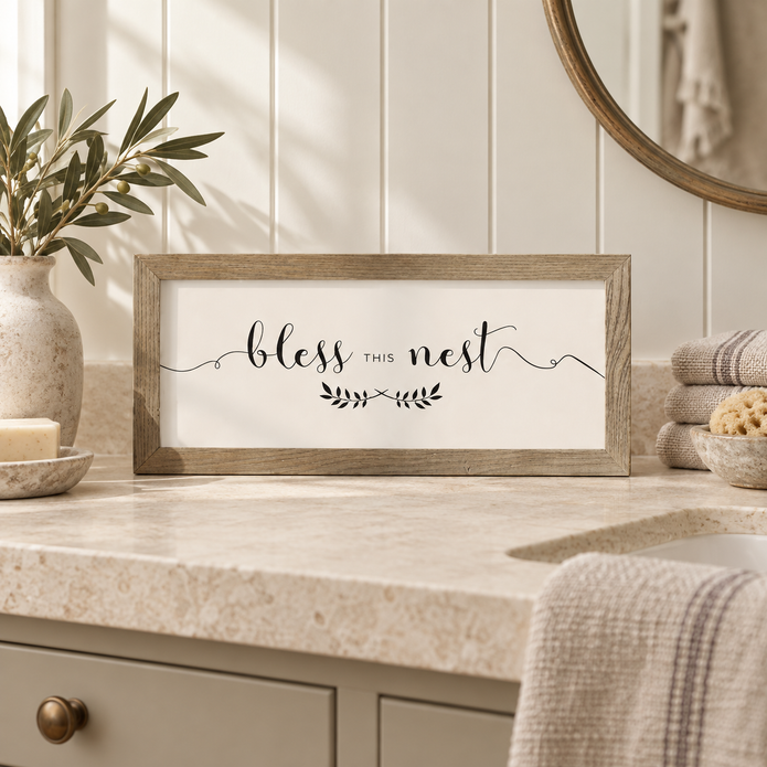 Brayden and Brooks Bless This Nest medium rustic oak sign, approximately 41 x 18 cm styled at true scale in a classic modern country interior, view 1.