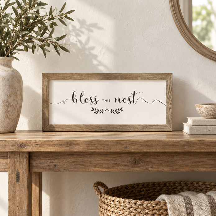 Brayden and Brooks Bless This Nest medium rustic oak sign, approximately 41 x 18 cm styled at true scale in a classic modern country interior, view 2.
