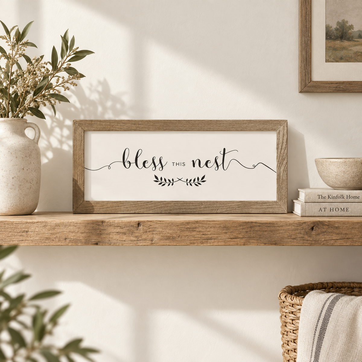 Brayden and Brooks Bless This Nest medium rustic oak sign, approximately 41 x 18 cm styled at true scale in a classic modern country interior, view 4.