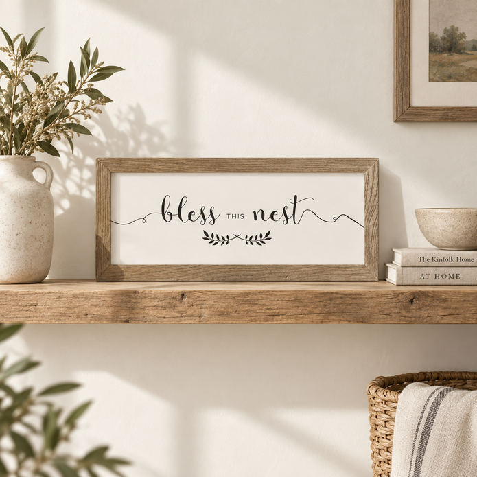 Brayden and Brooks Bless This Nest medium rustic oak sign, approximately 41 x 18 cm styled at true scale in a classic modern country interior, view 4.