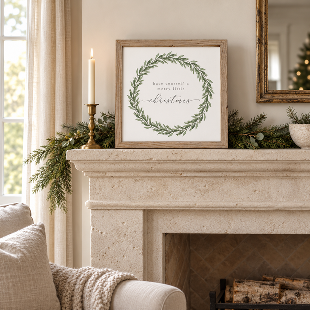 Have Yourself a Merry Little Christmas sign styled on a limestone mantel in a classic modern country living room