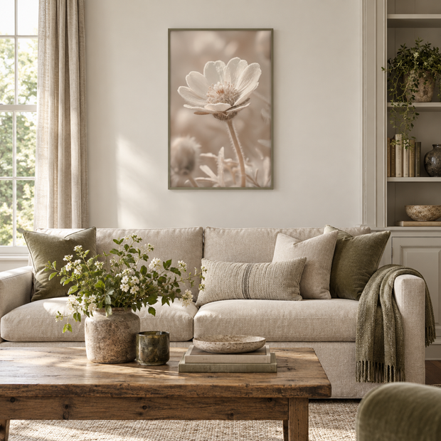 Brayden and Brooks Daisy framed botanical wall art, 46 x 89 cm styled in a classic modern country interior, view 1.
