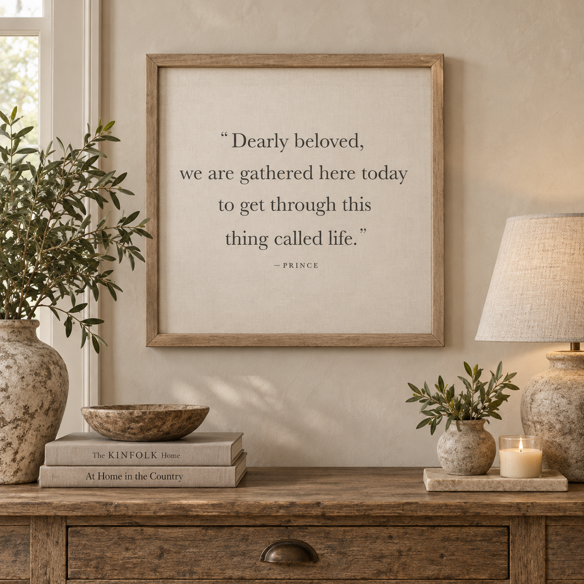 Brayden and Brooks Dearly Beloved large rustic oak sign, 61 x 61 cm styled at true scale in a classic modern country interior, view 1.