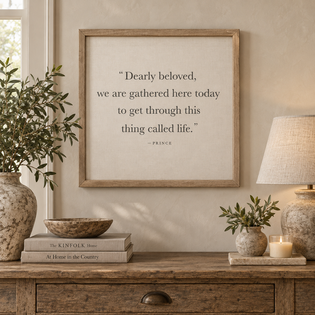 Brayden and Brooks Dearly Beloved large rustic oak sign, 61 x 61 cm styled at true scale in a classic modern country interior, view 1.