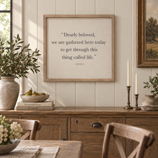Brayden and Brooks Dearly Beloved large rustic oak sign, 61 x 61 cm styled at true scale in a classic modern country interior, view 2.