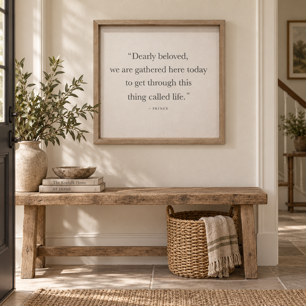 Brayden and Brooks Dearly Beloved large rustic oak sign, 61 x 61 cm styled at true scale in a classic modern country interior, view 4.
